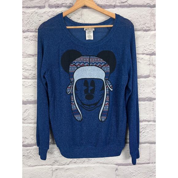 DISNEY PARKS Women's M Blue Mickey Mouse Winter Hat Lightweight Raglan Sweater - Picture 2 of 9